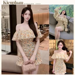 Đầm Hoa Nhí Trễ Vai Tay Phồng Dáng Chữ A Co Giãn Eo Smocking Nữ Tính Kieupham.shop 5