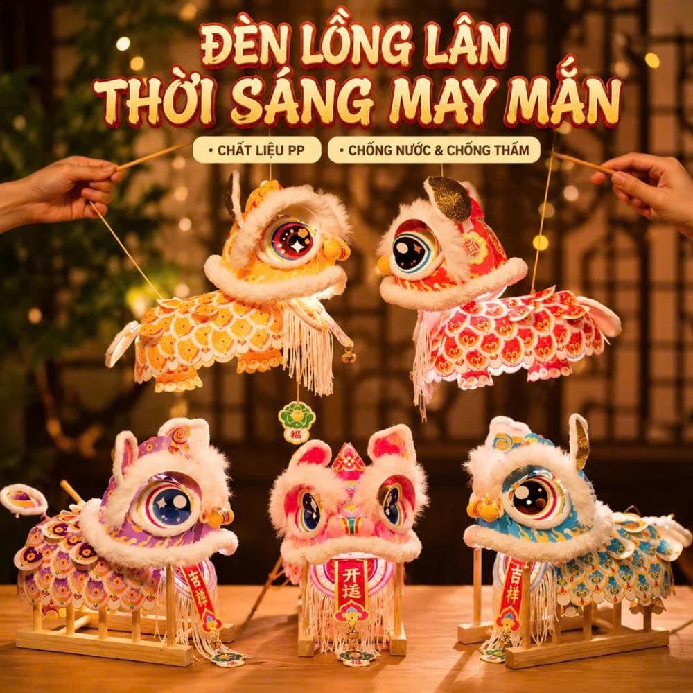 [ Tặng Kèm Đèn LED ] Lồng Đèn Trung Thu Múa Lân DIY, Đồ Chơi Lắp Ráp Handmade Phát Sáng, Kèm Cán Cầm Tay Cho Bé