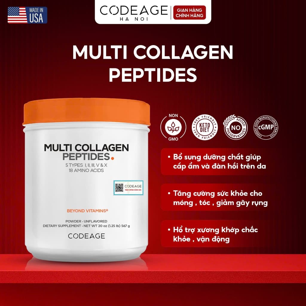 Bột Collagen Codeage Multi Collagen Peptides 567g 9000mg 5 Loại Collagen Thủy Phân Hỗ Trợ Da & Khớp