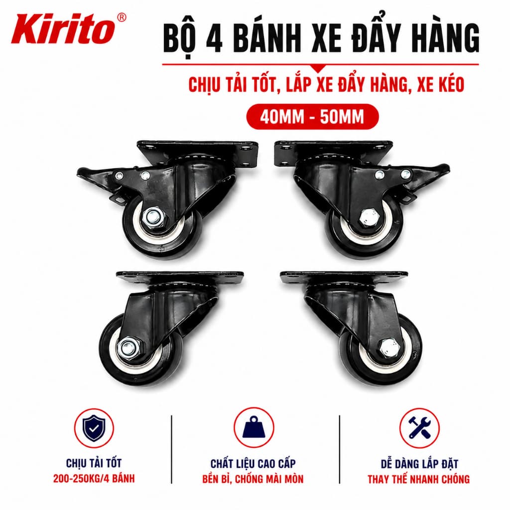 Bộ 4 Bánh xe đẩy hàng cao su bọc nhựa 40mm - 50mm chịu tải tốt, lắp xe đẩy hàng, xe kéo