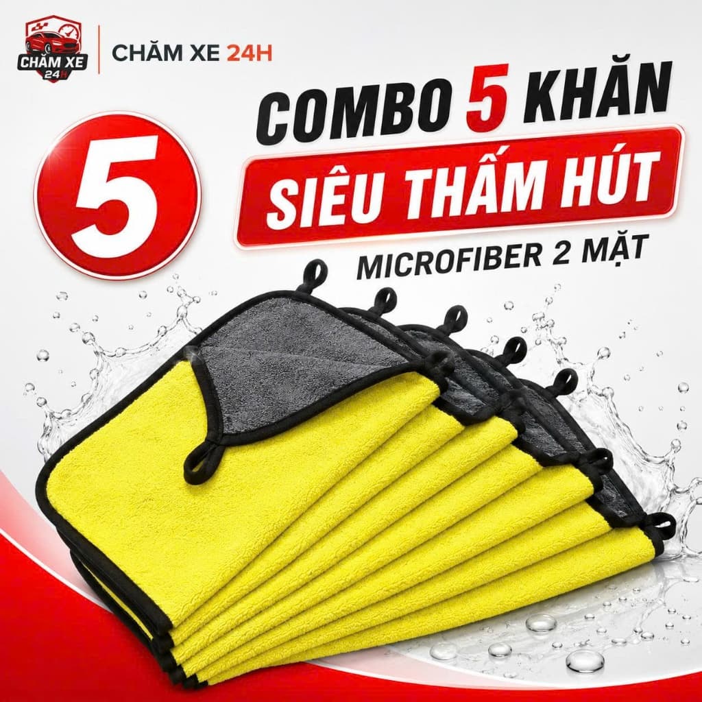 Combo 5 Khăn lau xe Microfiber 3m cao cấp không rụng lông, khăn lau ô tô, xe hơi, xe máy, chuyên dụng siêu thấm hút