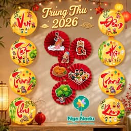Sét trang trí Trung Thu,Mặt Trăng to,Mây ngũ sắc,thỏ hồng, quạt gấp sẵn,trường học,Lễ hội chợ,decor,siêu thị,lớp học 3
