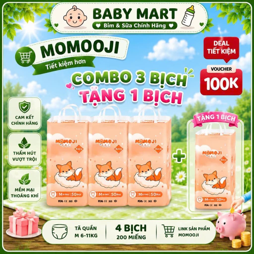 (COMBO 3 bịch TẶNG 1 BỊCH) Tã Bỉm MOMOJI EXTRA SOFT  mềm mỏng thấm hút tốt