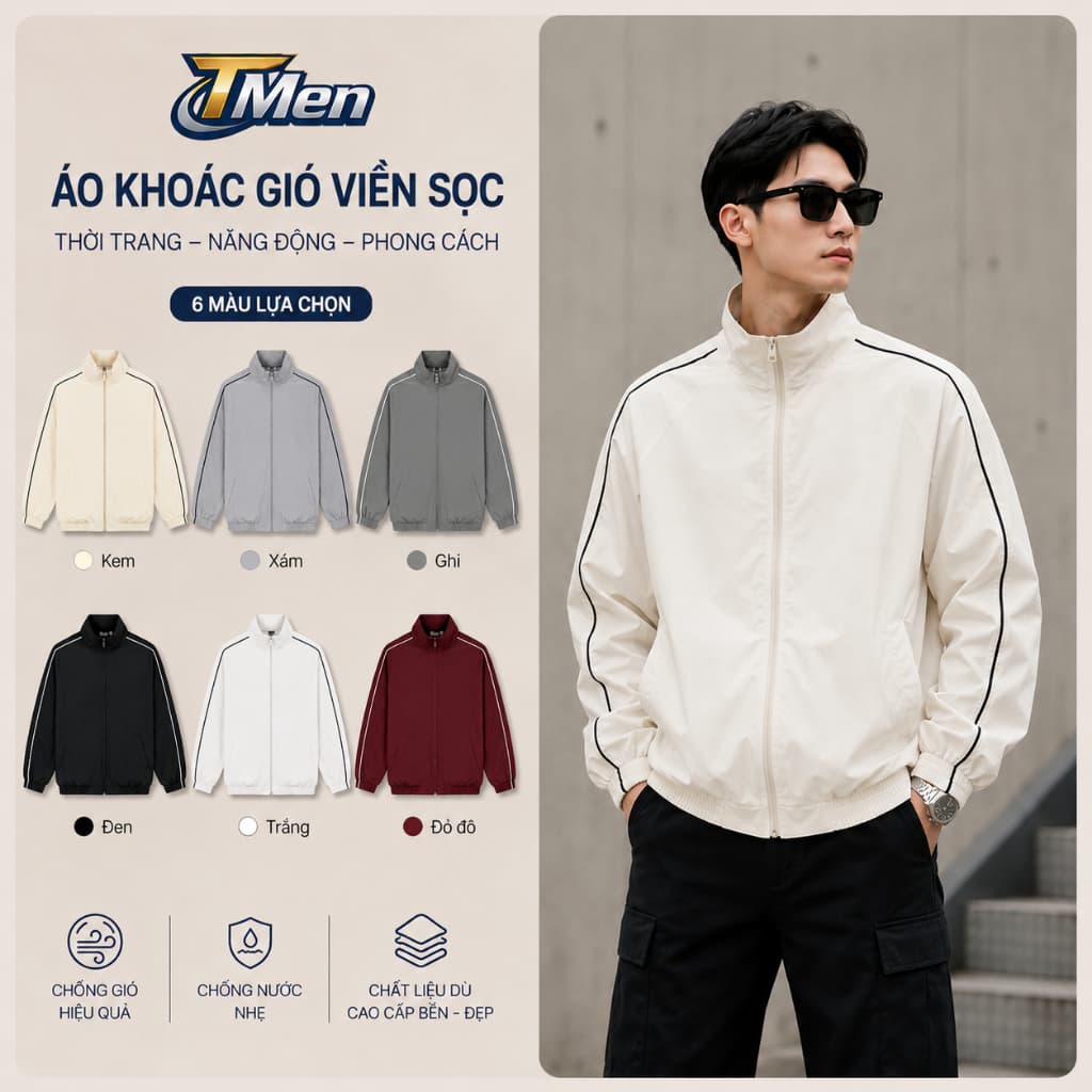 Áo khoác gió dù 2 lớp sọc kẻ tay, trượt nước, cản gió, dành cho nam và nữ Cao Cấp Dễ Phối Đồ Thời Trang - Tmen Store