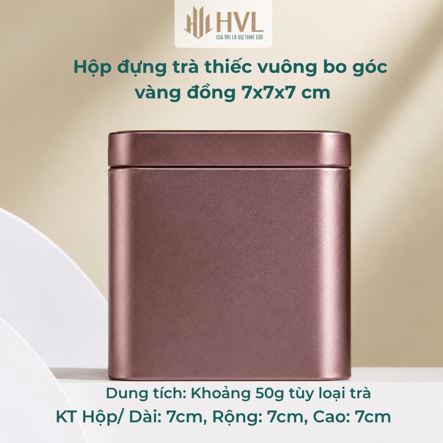 Hộp đựng trà matcha bằng thiếc vuông bo góc vàng đồng 7x7x7 cm đựng trà, bột an toàn - HVL