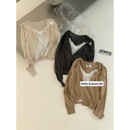 (Dmina) Set Áo Cardigan len mix ren chất mịn tôn dáng siêu xinh - ảnh thật 1