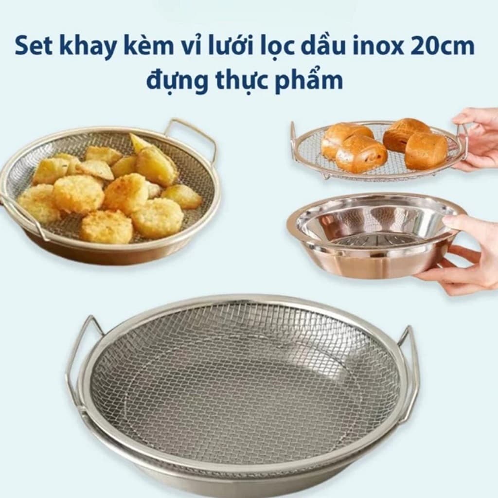 Combo 2 bộ khay kèm vỉ ráo dầu mỡ, khay hứng dầu tiện lợi, chất liệu inox 304, kích thước 20cm