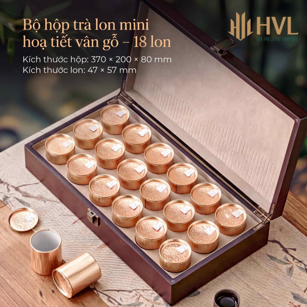 Bộ hộp trà lon mini hoạ tiết vân gỗ óc chó đựng cao cấp, sang trọng làm quà tặng - HVL