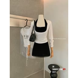 (Dmina Yjia)  Set 3 món áo cổ yếm cùng áo giấy cổ vuông kèm chân váy A dáng ngắn tôn dáng 3