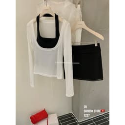(Dmina Yjia)  Set 3 món áo cổ yếm cùng áo giấy cổ vuông kèm chân váy A dáng ngắn tôn dáng 4