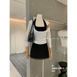 (Dmina Yjia)  Set 3 món áo cổ yếm cùng áo giấy cổ vuông kèm chân váy A dáng ngắn tôn dáng 5