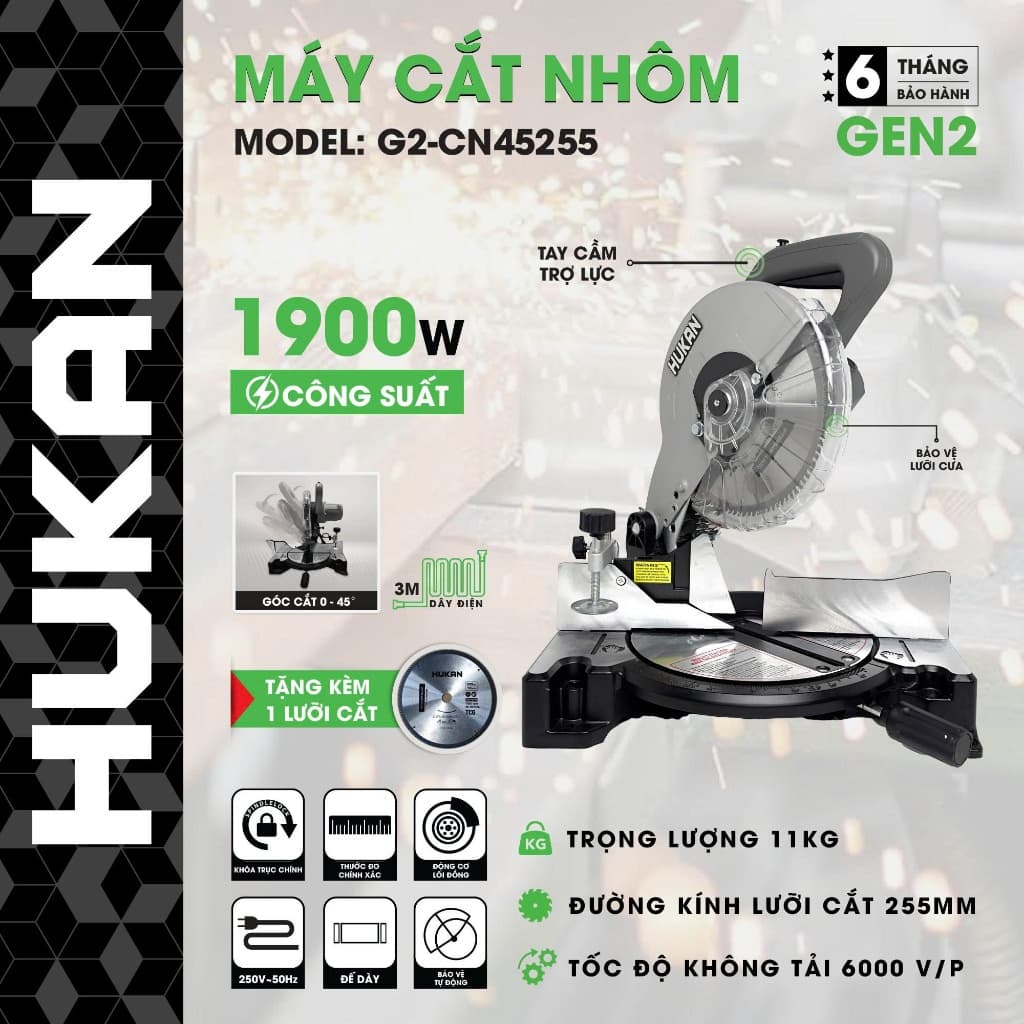 Máy Cắt Nhôm Nghiêng HUKAN G2-CN45255, Công Suất Cao 1900w, Góc Cắt 0~45 độ - Motor Dây Đồng