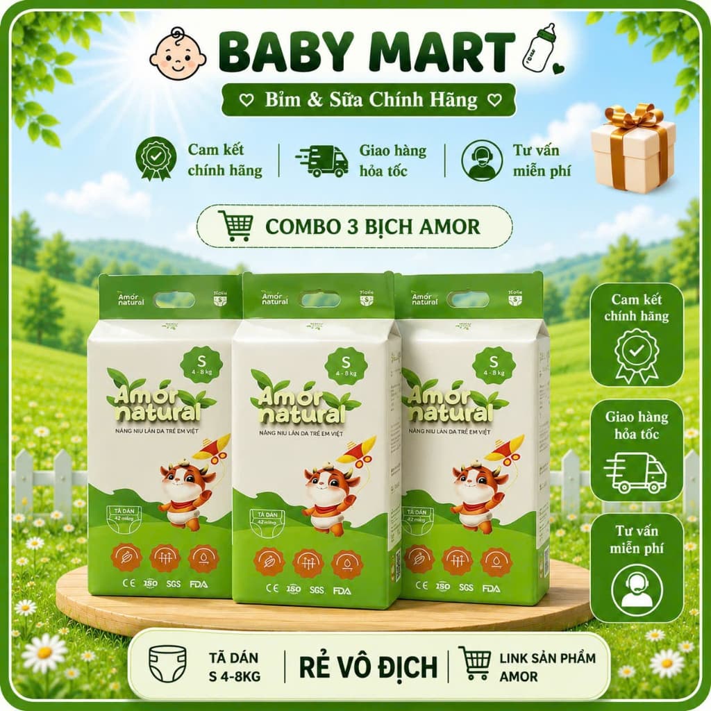 COMBO 3 BỊCH Tã Bỉm AMOR NATURAL Việt Nam Mặt Bông Organic, Công Nghệ Air Skin Độc Quyền