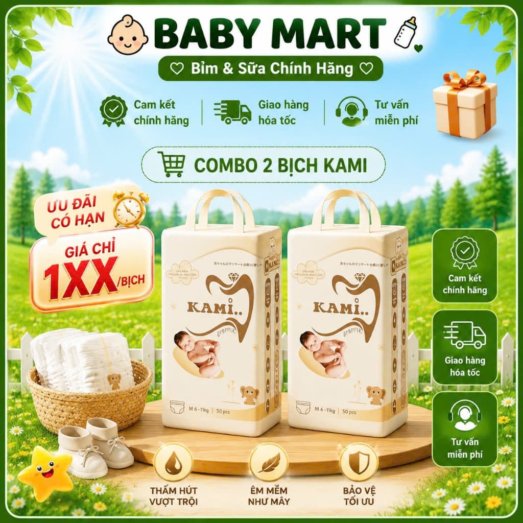 (TRỢ GIÁ )COMBO 2 BỊCH Tã Bỉm KAMI Organic Thấm Hút 1000ml- Siêu mỏng- Mềm mại  NB70/S70/Md70/M56/L50/XL50/XXL50/3XL50