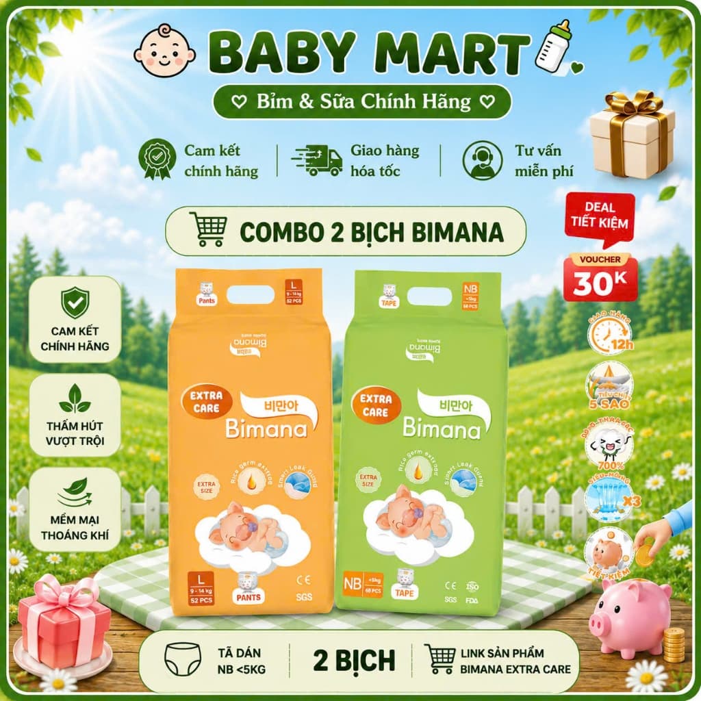 COMBO 2 BỊCH Tã/Bỉm Dán/Quần BIMANA EXTRA CARE Thấm Hút Tốt, Đủ Size NB68 - 4XL42.