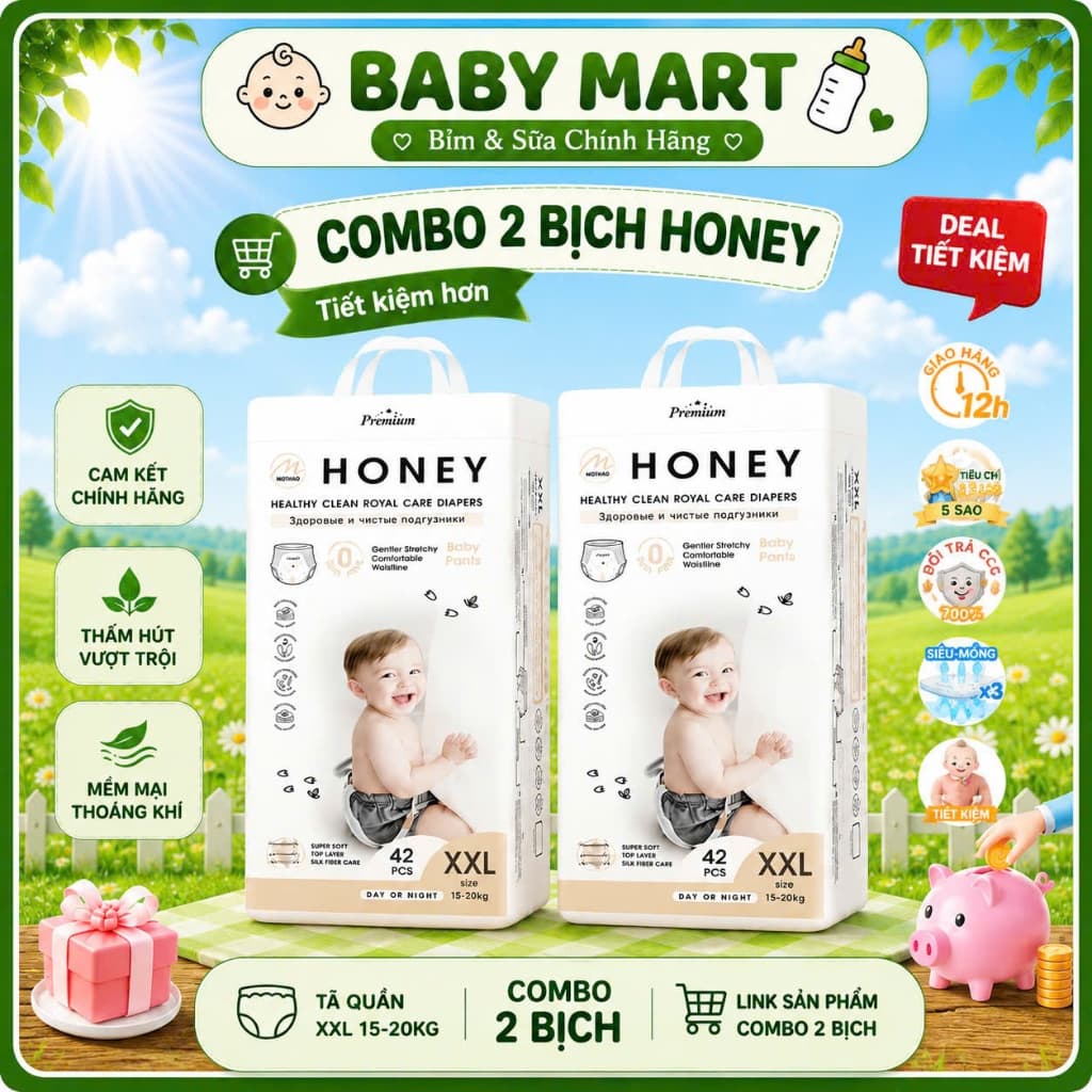 COMBO 2 BỊCH Tã/bỉm HONEY Premium mẫu mới, bỉm chính hãng, tã dán/quần đủ size từ NB - 4XL cho bé.