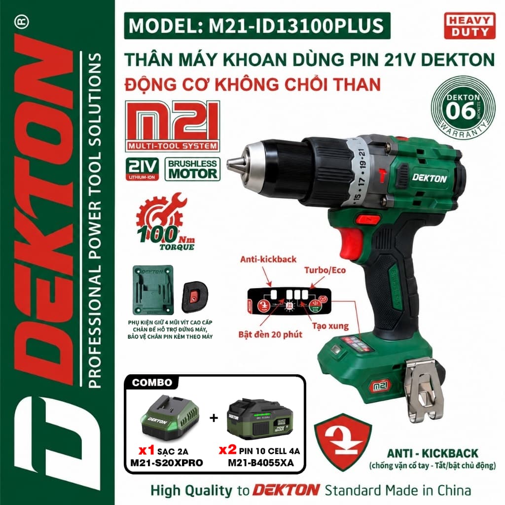 Máy khoan pin DEKTON M21-ID13100PLUS, 100N.M, Không chổi than, Anti kickback, Tạo xung, Autolock