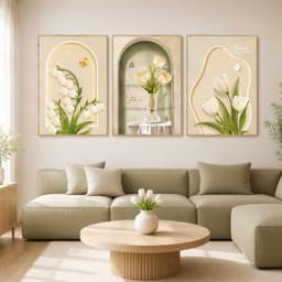 Bộ 3 Tranh treo tường tấm phong cách kem, họa tiết lá cây hoa văn, trang trí phòng khách phòng ngủ hiện đại 1