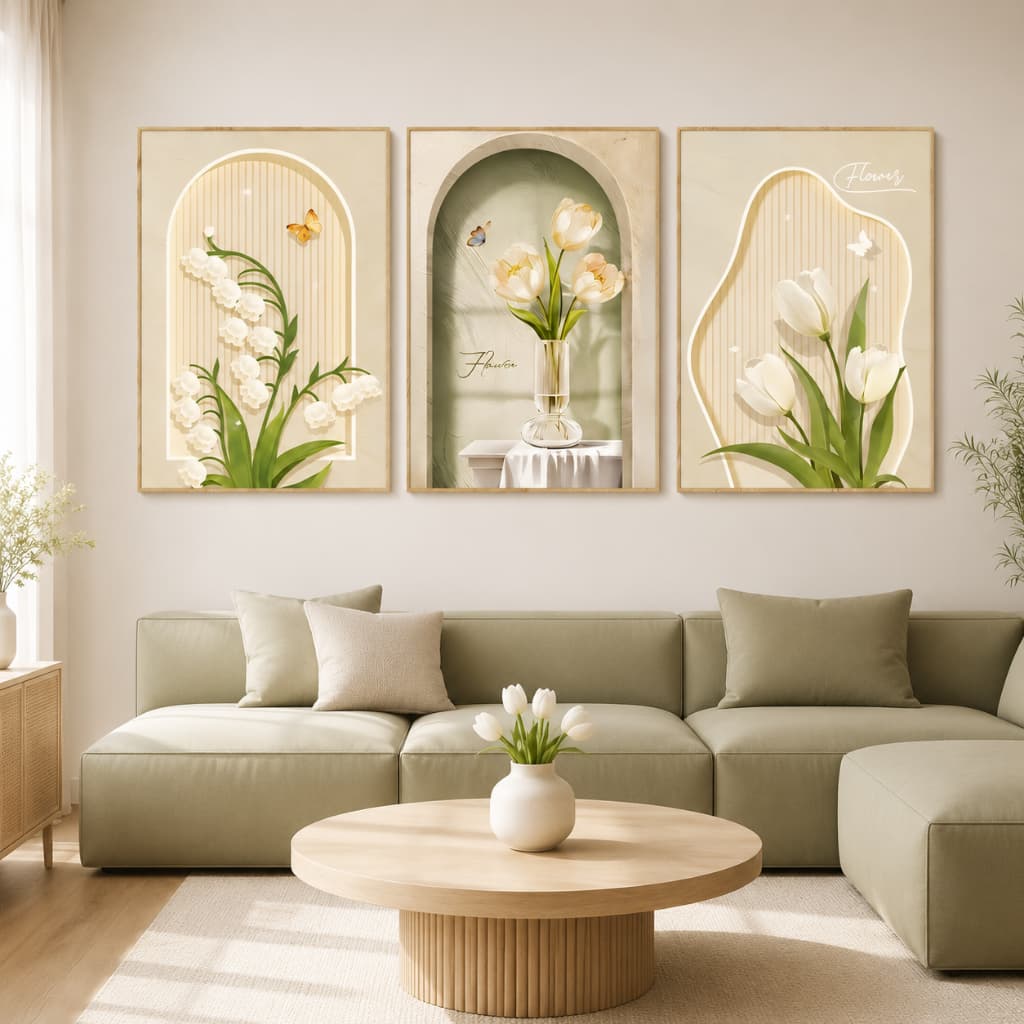 Bộ 3 Tranh treo tường tấm phong cách kem, họa tiết lá cây hoa văn, trang trí phòng khách phòng ngủ hiện đại