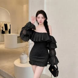 Váy Trễ Vai Tay Dài Bèo Tầng Chun Nhún Ôm Dáng Hottrend Anan.clothing4 7