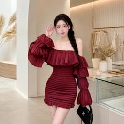 Váy Trễ Vai Tay Dài Bèo Tầng Chun Nhún Ôm Dáng Hottrend Anan.clothing4 3