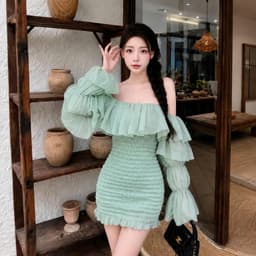 Váy Trễ Vai Tay Dài Bèo Tầng Chun Nhún Ôm Dáng Hottrend Anan.clothing4 5