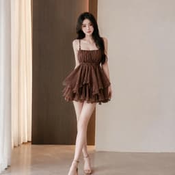 (Tặng Quần) Set Áo Hai Dây Tầng Xoè Tơ Đũi Màu Nâu Tây/Kem Tiểu Thư 3