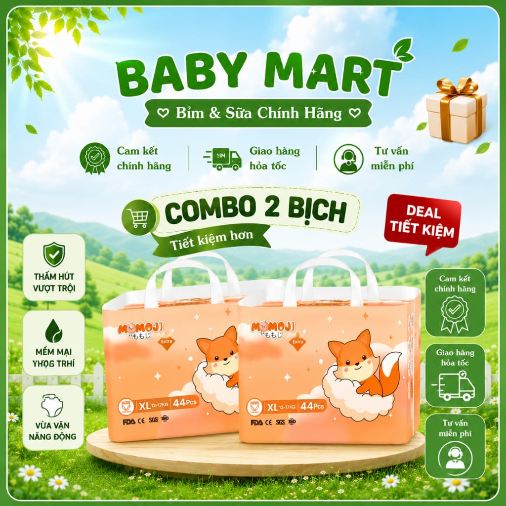 [Quà Đặc biệt ] COMBO 2 bịch Tã/Bỉm dán/ Quần MOMOJI Extra Soft cao  cấp mỏng mềm siêu thấm hút, đủ size.