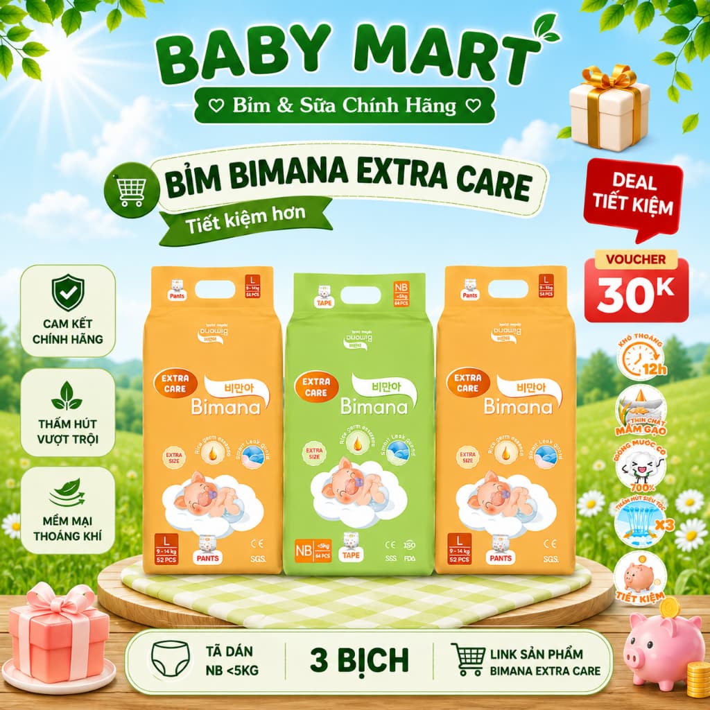 (COMBO 3 BỊCH) Tã/Bỉm Dán/Quần BIMANA EXTRA CARE Thấm Hút Tốt, Đủ Size Thấm hút tốt