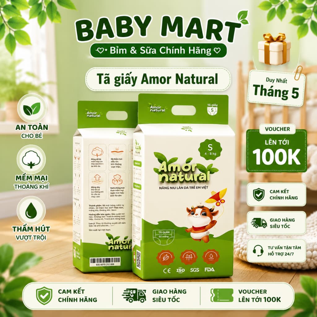 (TRỢ GIÁ) Tã Bỉm Quần Dán AMOR NATURE ,bỉm Việt,Bỉm trà xanh mềm mỏng thấm hút tốt