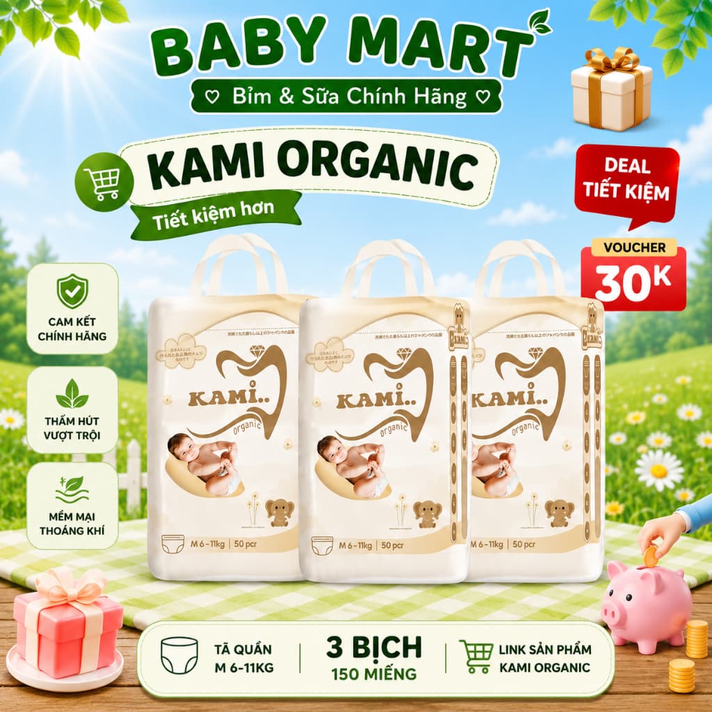 (TRỢ GIÁ 8%)Tã bỉm trẻ em KAMI ORGANIC - bỉm Nhật Đủ size mềm mỏng,thấm hút tốt