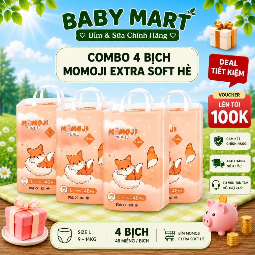 (TRỢ GIÁ) Bỉm Quần/Dán MOMOJI EXTRA SOFT đủ size NB64/S60/M56/L54/XL50/XXL48 full size.