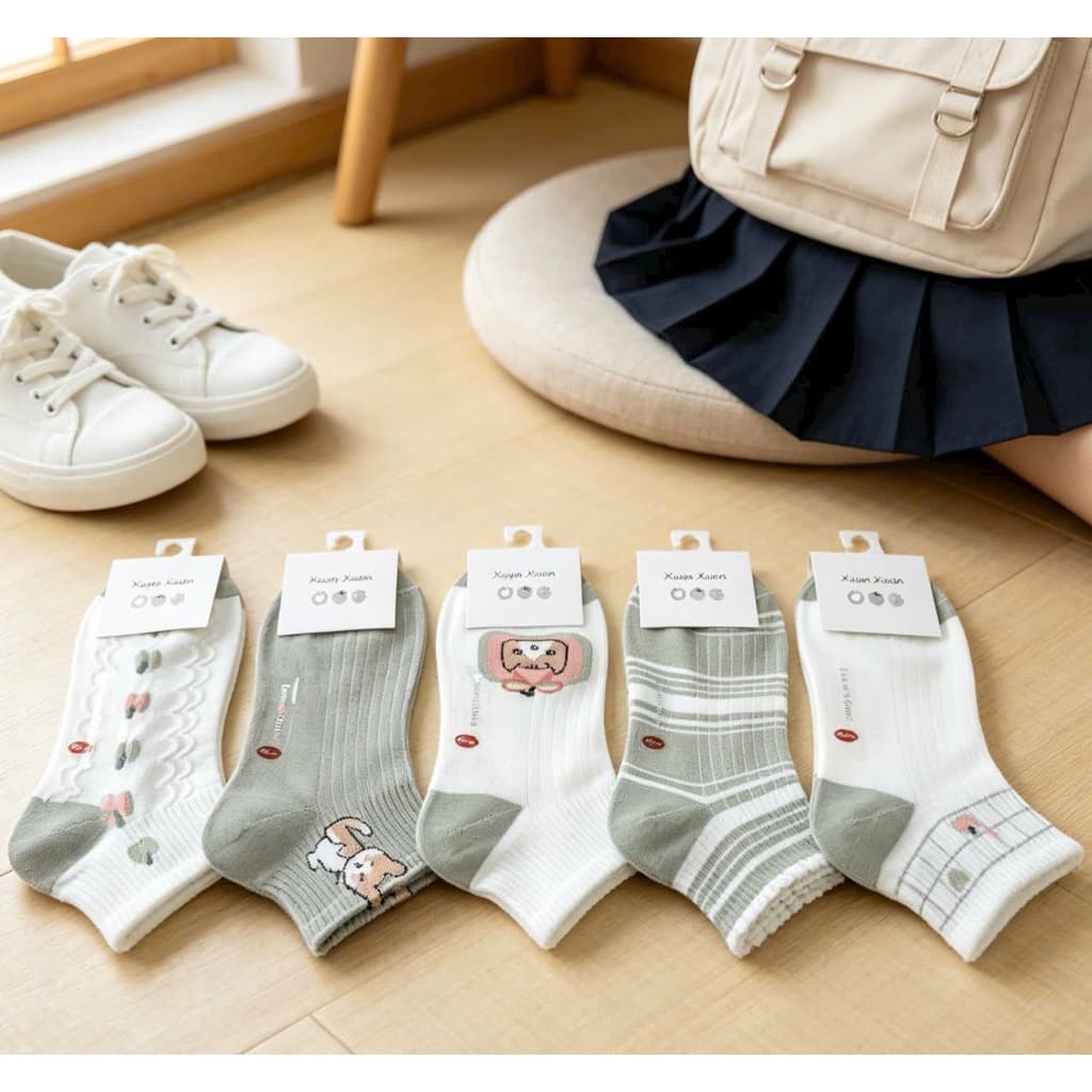 Set 10 Đôi Tất Nữ Cổ Ngắn Cotton Kẻ Tăm Viền Bèo Hoa Nơ Mềm Mại Co Giãn Thoáng Khí Phong Cách Hàn Quốc Freesize 35-40