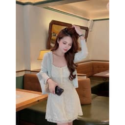 (Hàng Sẵn, Loại 1) Set váy 2 dây ren xốp hoa nổi mix áo khoác cardigan xanh tiffany tiểu thư A152 6
