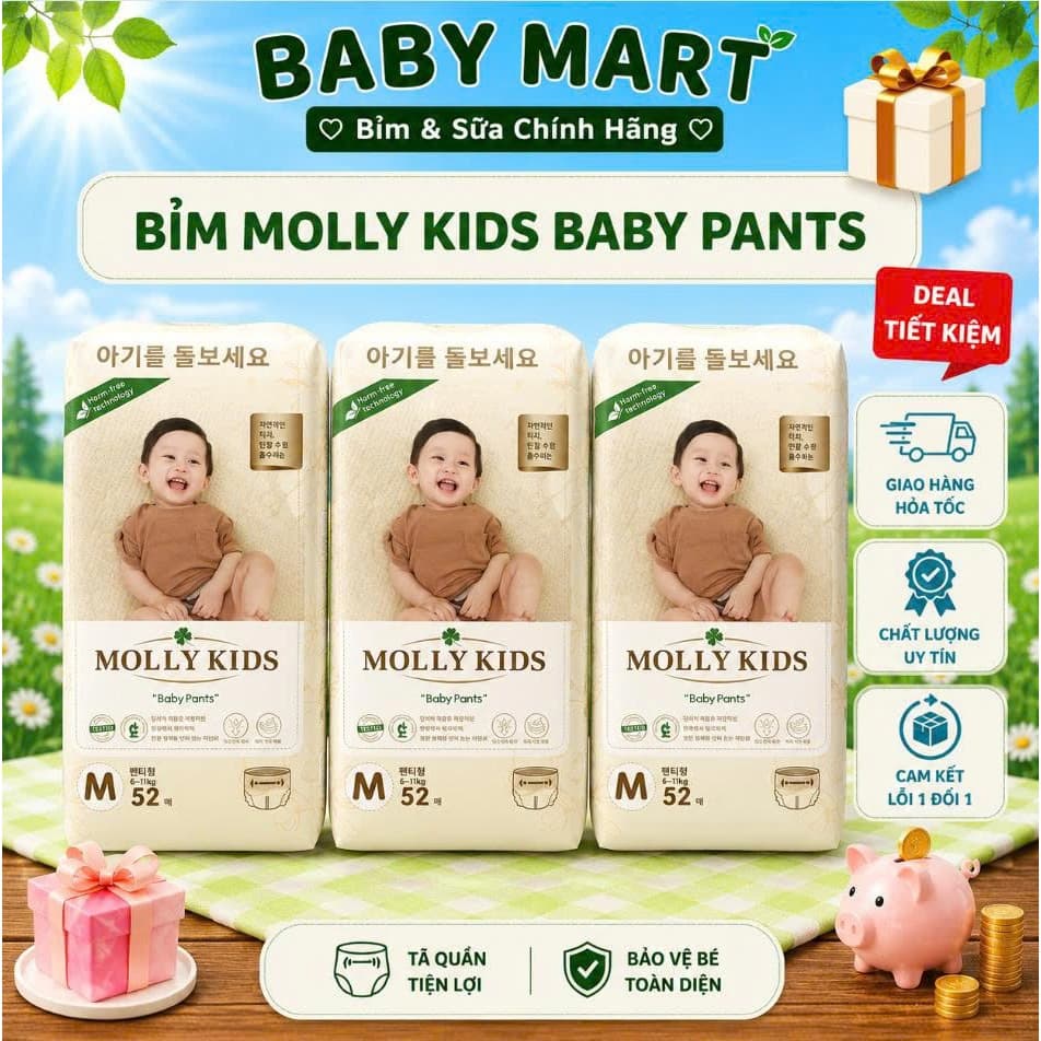 Tã Bỉm Dán/Quần MOLLY Kids Hàn Quốc Tã Siêu Mỏng Nhẹ, Full Size Cho Bé Từ NB-4XL