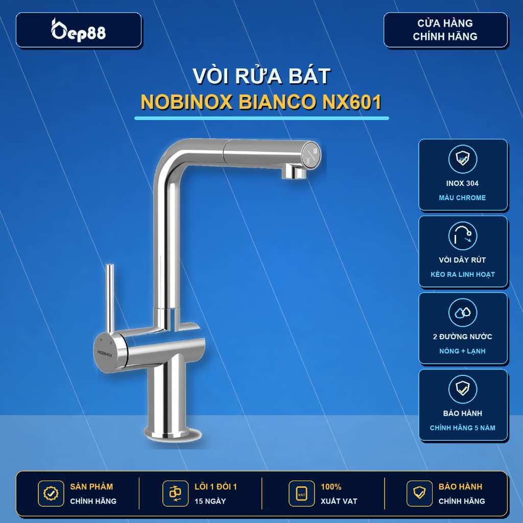 VÒI RỬA BÁT DÂY RÚT NOBINOX BIANCO NX601, BẢO HÀNH 5 NĂM