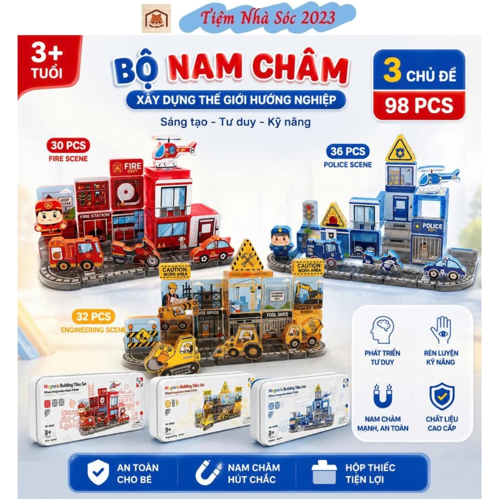 Đồ Chơi Nam Châm Xếp Hình Lắp Ghép Cho Bé 3+ Chủ Đề Cứu Hỏa Cảnh Sát Công Trường 30/32/36Chi Tiết