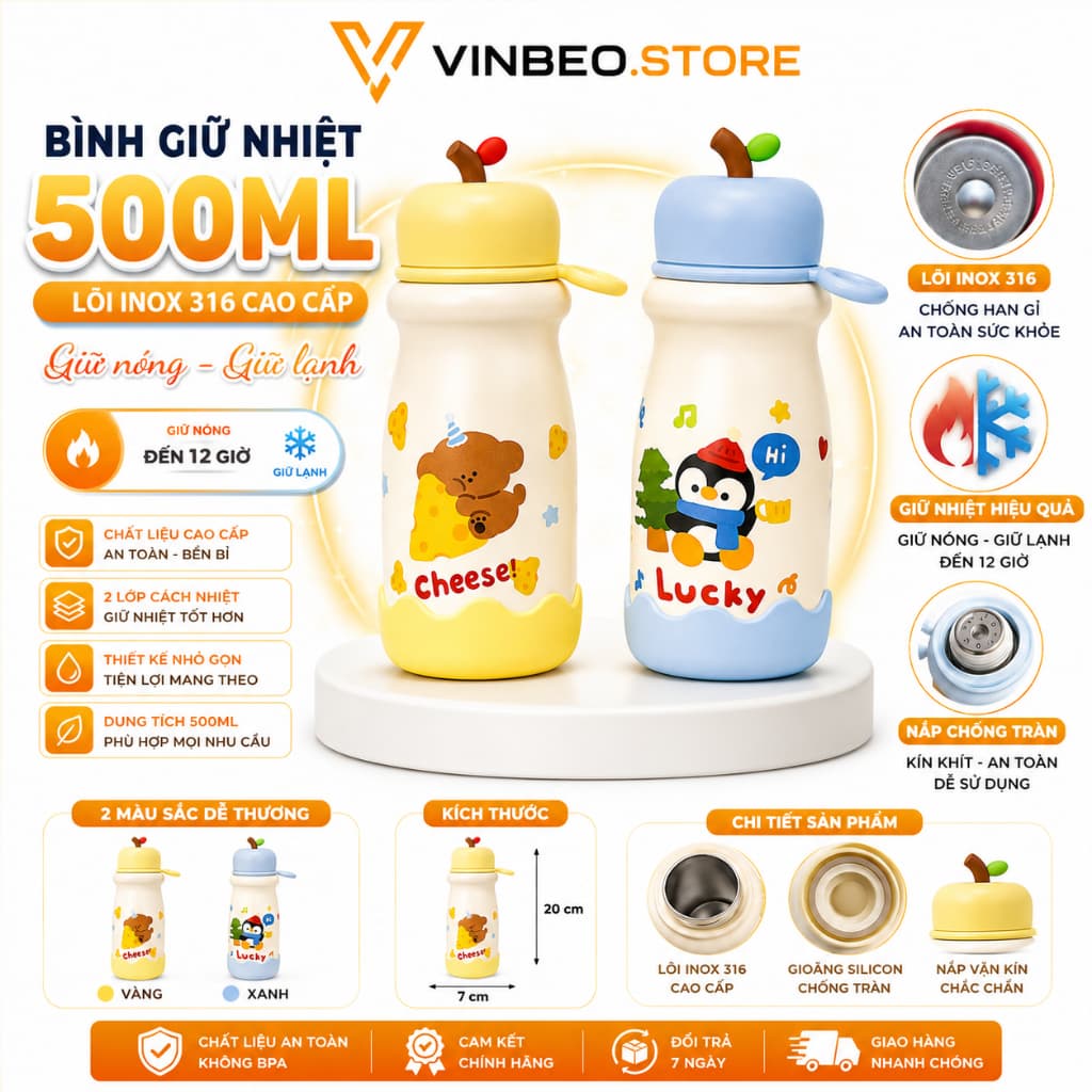 Bình giữ nhiệt hút chân không nắp hình trái táo dễ thương . Bình giữ nhiệt 500ml lõi inox 316 chống han gỉ LY001
