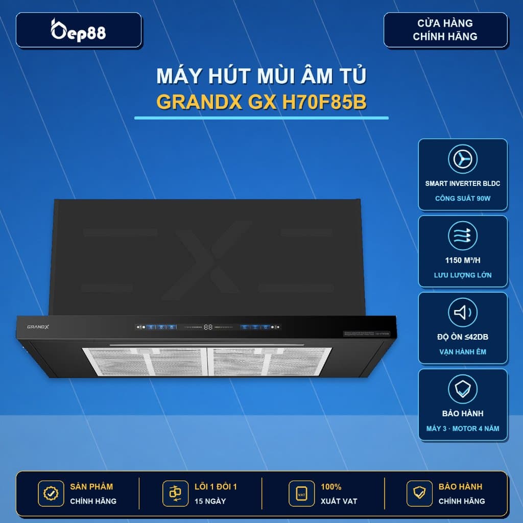 Máy hút mùi âm tủ GrandX GX H70F85B l GX H70F85G - Động cơ Inverter BLDC, Công suất hút: 1150m3/h.