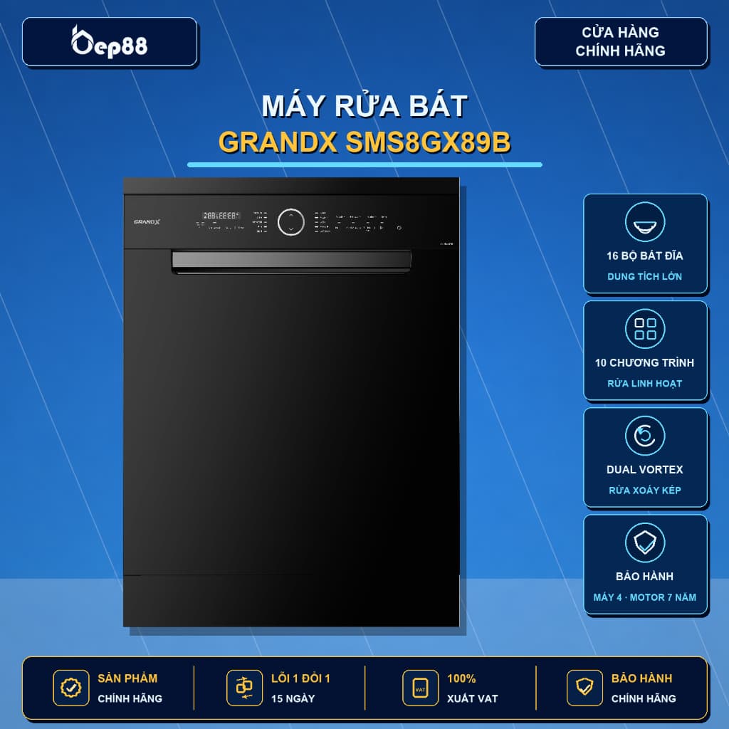 Máy rửa bát GrandX SMS8GX89B Serial 8+ lắp âm tủ độc lập 16 bộ, màu đen