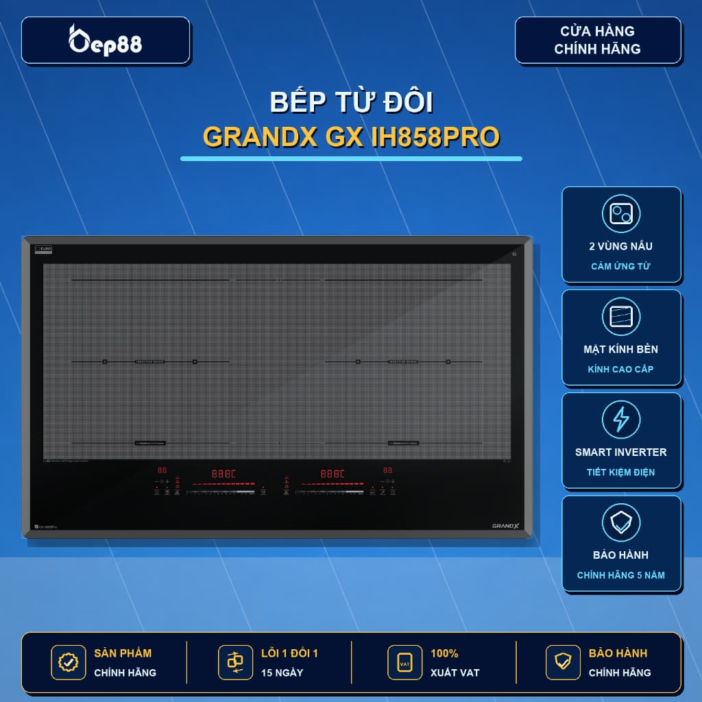 Bếp từ đôi GrandX GX IH858Pro Series 8, mặt kính EURO Platinium, công suất 2300W x 2 - PEB