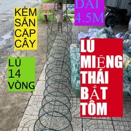 Lú Thái xanh bắt tôm cá, 14 vòng nhựa 10 ly, kích thước dài 4,5m, miệng 1,6m, cao 1m, lưới 3–5 phân. kèm cặp cây tre 1