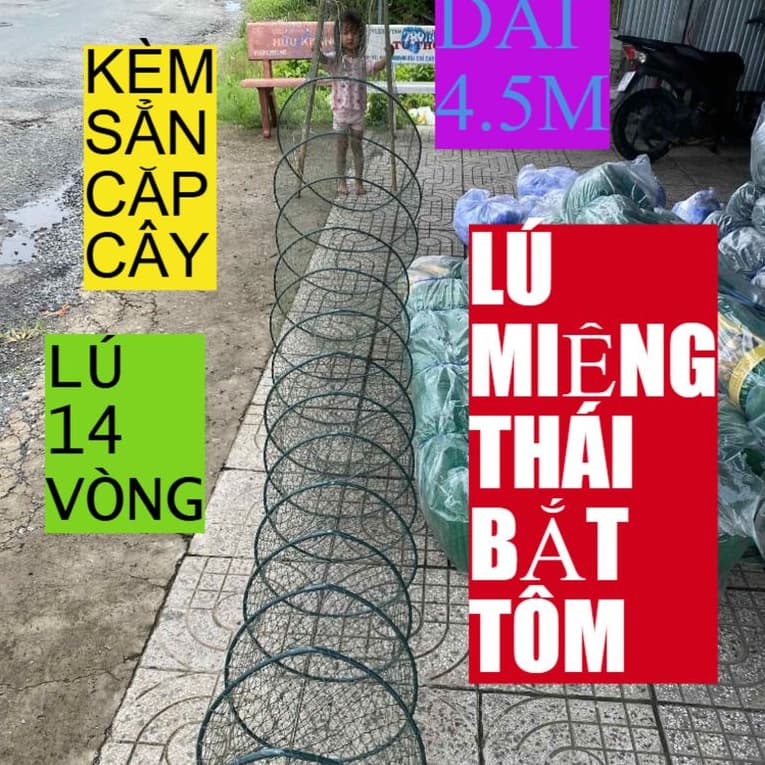 Lú Thái xanh bắt tôm cá, 14 vòng nhựa 10 ly, kích thước dài 4,5m, miệng 1,6m, cao 1m, lưới 3–5 phân. kèm cặp cây tre