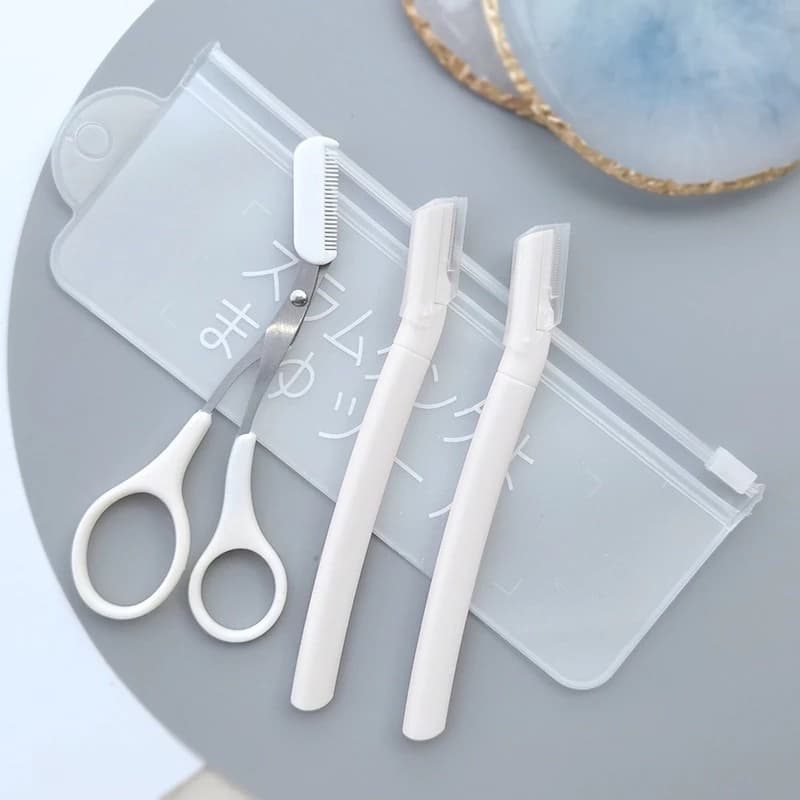 Bộ 3 dụng cụ cạo lông tỉa chân mày an toàn cho người mới (2 dao + 1 kéo)