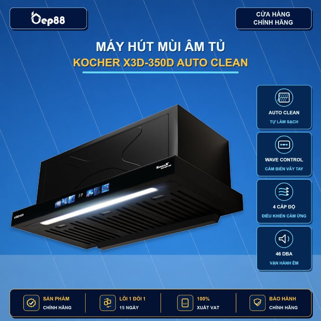 Máy hút mùi Kocher Turbo Smart 3D X3D-350D Auto Clean - Tự động làm sạch, Vẫy tay, Hẹn giờ, Bảo hành 3 năm