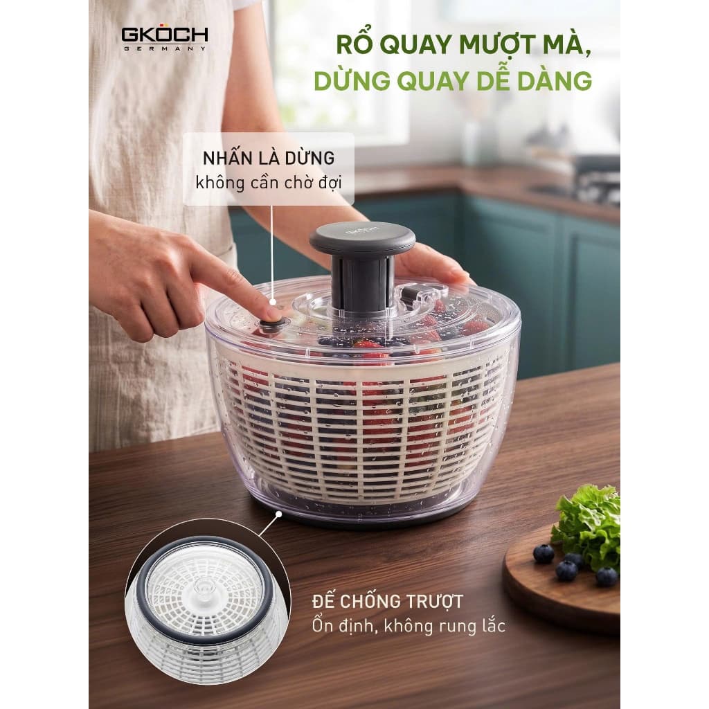 Rổ Quay Rau Đa Năng GKÖCH Germany D989 6L Nắp Nhấn 1 Tay, Tô Trong Suốt, BPA-Free, Đế Chống Trượt