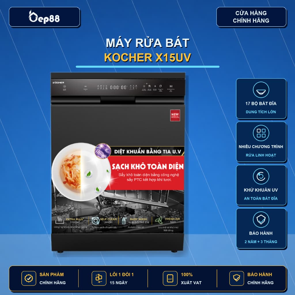 Máy rửa bát Kocher KDEU-X15B Pro ( 15UV) 17 bộ diệt khuẩn UV