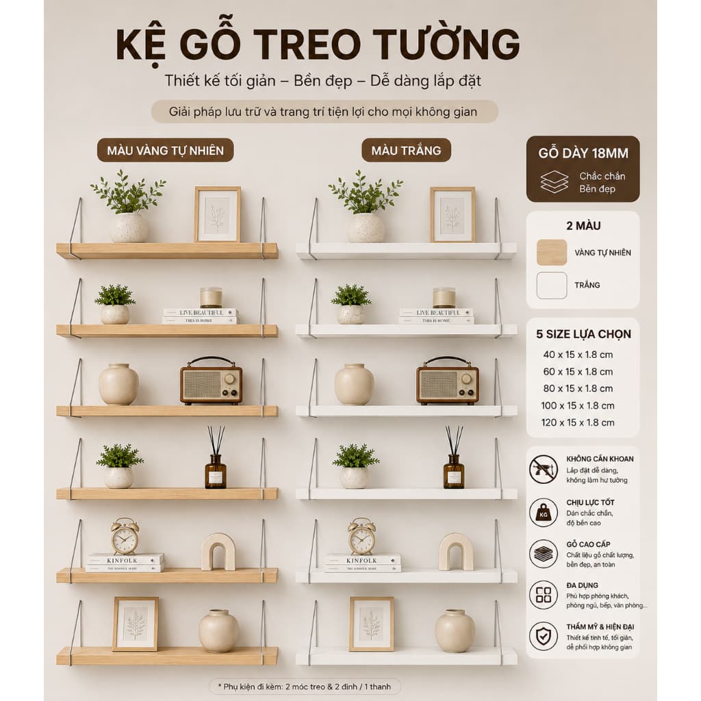 Kệ Gỗ Treo Tường Không Cần Khoan Nhiều Size – Thanh Ngang Gỗ Trang Trí Đa Năng Kèm Bộ Phụ Kiện