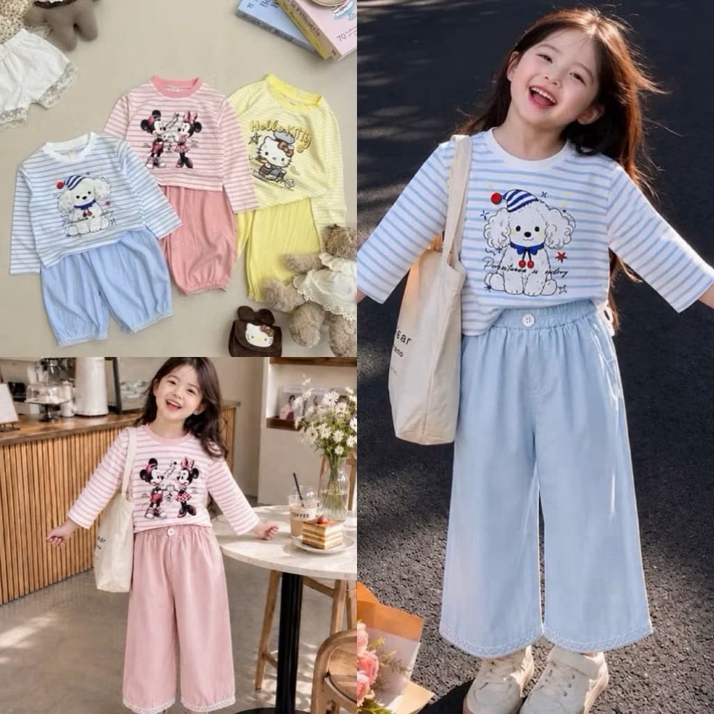Q9: Set áo dài tay hoạ tiết hoạt hình kèm quần gió cho bé yêu diện thu đông, đi chơi, đi học