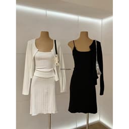(Dmina - Re.En) Set váy nữ tiểu thư áo 2 dây phối ren cùng cardigan ngoài và chân váy lửng 1